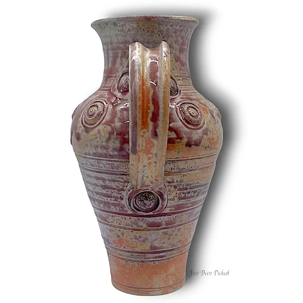 Clark Studio Pottery Pitcher Large‎ Salt Glaze Stoneware Red Tan Medallion